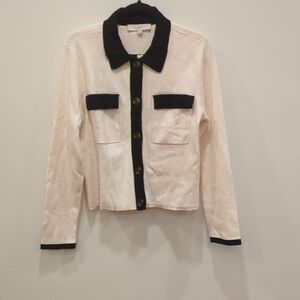 LOFT Cream Black Lady Jacket Cardigan Large Preppy Old Money Quiet Luxury Basic